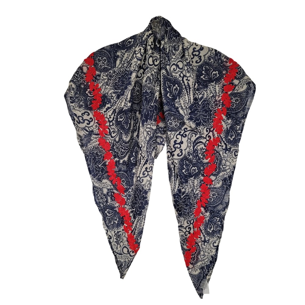 Lucky Brand Bohemian Scarf Blue Paisley Red Floral Trim  Shawl Size 40in X 43in